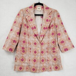 WHIT Blazer Womens Small Pink Orange Geometric Linen Silk Made in USA 3/4 Sleeve